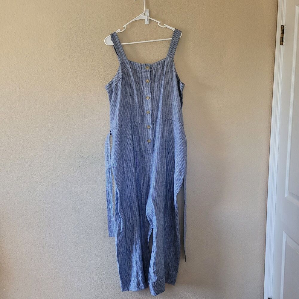 Everlane Linen Picnic Straight Leg Jumpsuit Size 16 Blue Sleeveless Button Front